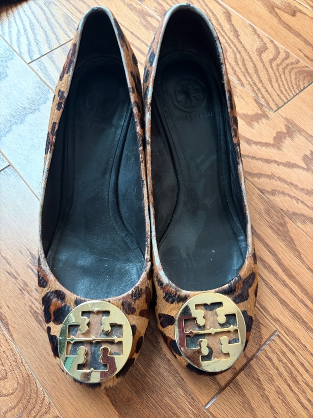 Tory Burch Leopard Print wedges with Gold Logo